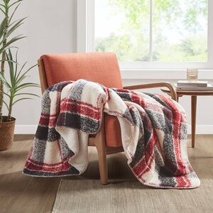 Plaid Faux Mohair Sherpa Throw 50x60", Red